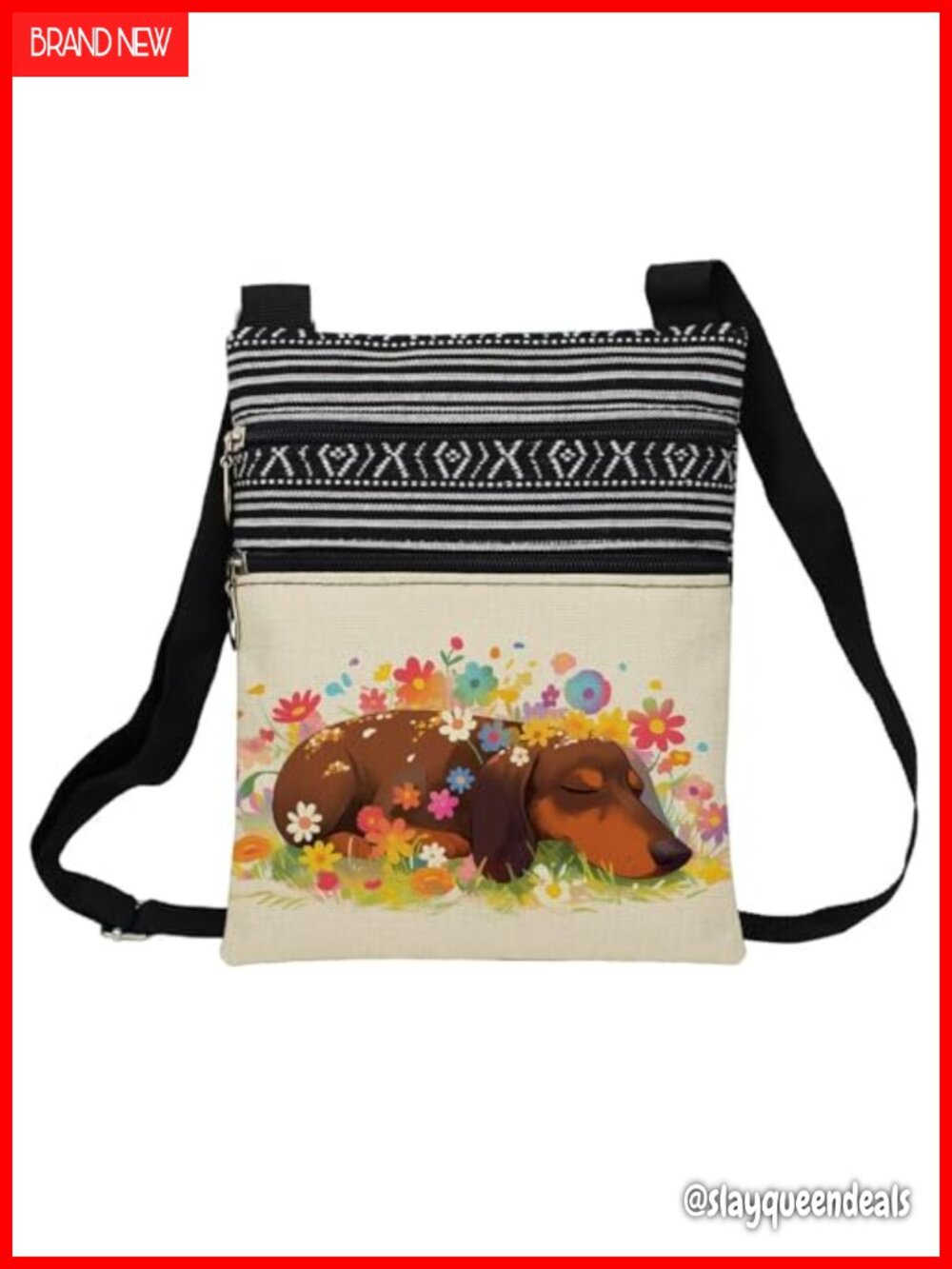 Sleepy Dachshund Crossbody Bag Polyester Adjustable Strap Zipper